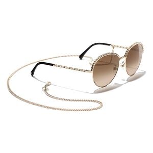 Chanel Gold Tone Round women sunglasses with chain